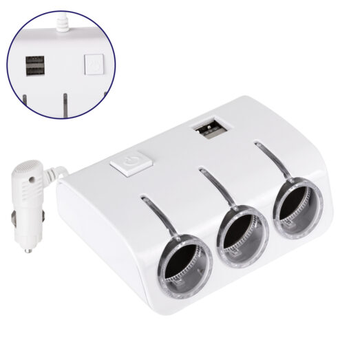 GloboStar® GloboStar® 81807 Πολύπριζο - Φορτιστής Αυτοκινήτου 2 x USB 3.1A & 3 x Θύρες Αναπτήρα Αυτοκινήτου DC 12-24V Max 60W Μαύρο Λευκό