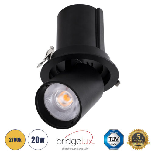 GloboStar® GloboStar® VIRGO-B 60313 Χωνευτό LED Spot Downlight TrimLess Φ13.5cm 20W 2500lm 36° AC 220-240V IP20 Φ13.5cm x Υ14cm - Στρόγγυλο - Μαύρο - Θερμό Λευκό 2700K - Bridgelux COB - 5 Years Warranty