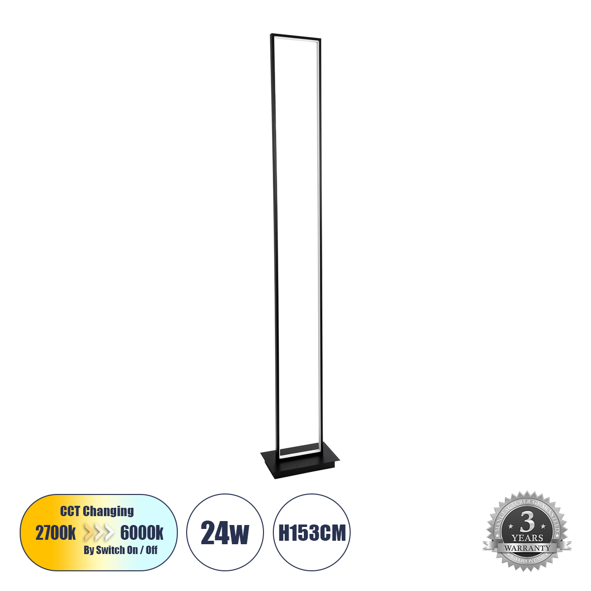 GloboStar® CORNELIE 60463 Μοντέρνο Επιδαπέδιο Φωτιστικό LED 24W 2640lm 200° AC 220-240V IP20 Ρυθμιζόμενο Λευκό CCT με Διακόπτη On/Off από 2700K έως 6000K - Μαύρο - Μ26 x Π16 x Υ153cm - 3 Χρόνια Εγγύηση 3 GloboStar® GloboStar® CORNELIE 60463 Μοντέρνο Επιδαπέδιο Φωτιστικό LED 24W 2640lm 200° AC 220-240V IP20 Ρυθμιζόμενο Λευκό CCT με Διακόπτη On/Off από 2700K έως 6000K - Μαύρο - Μ26 x Π16 x Υ153cm - 3 Χρόνια Εγγύηση