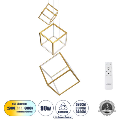 GloboStar® GLOBOSTAR® KIBOO-TRIO 60932 Μοντέρνο Κρεμαστό Φωτιστικό Οροφής LED 90W 10350lm 360° AC 220-240V IP20 Ρυθμιζόμενο Λευκό CCT με Χειριστήριο από 2700K έως 6000K Dimmable - Lumileds SMD Chip - Χρυσό - Μ60 x Π60 x Υ80cm - 3 Χρόνια Εγγύηση