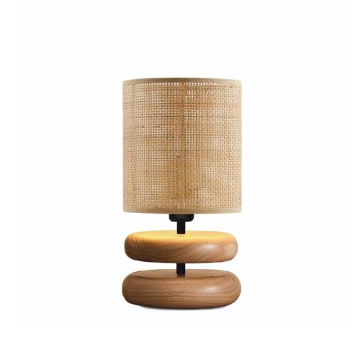 GloboStar® GloboStar® KLOO 204-0143 Boho Eπιτραπέζιο Φωτιστικό Μονόφωτο 1 x E14 IP20 Καφέ Ξύλο με Μπεζ Διάτρητο Ύφασμα - Μ15 x Π15 x Υ35cm