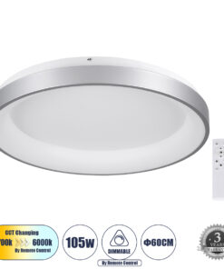 GloboStar® GloboStar® SALEM 61238 Πλαφονιέρα Οροφής Δαχτυλίδι-Κύκλος LED CCT 105W 12075lm 120° AC 220-240V - Εναλλαγή Φωτισμού μέσω Τηλεχειριστηρίου All In One Ψυχρό 6000k+Φυσικό 4500k+Θερμό 2700k Dimmable Φ60cm - Ασημί - 3 Years Warranty