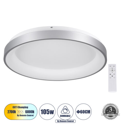 GloboStar® GloboStar® SALEM 61238 Πλαφονιέρα Οροφής Δαχτυλίδι-Κύκλος LED CCT 105W 12075lm 120° AC 220-240V - Εναλλαγή Φωτισμού μέσω Τηλεχειριστηρίου All In One Ψυχρό 6000k+Φυσικό 4500k+Θερμό 2700k Dimmable Φ60cm - Ασημί - 3 Years Warranty