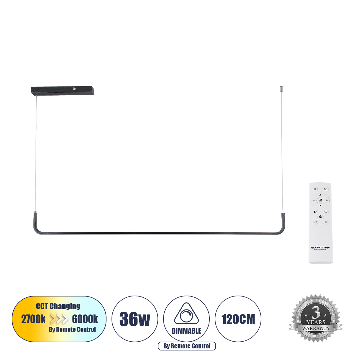 GLOBOSTAR® LINARIA 60921 Μοντέρνο Κρεμαστό Φωτιστικό Οροφής LED 36W 4150lm 200° AC 220-240V IP20 Ρυθμιζόμενο Λευκό CCT με Χειριστήριο από 2700K έως 6000K Dimmable - Lumileds SMD Chip - Μαύρο - Μ120 x Π2 x Υ10cm - 3 Χρόνια Εγγύηση 3 GloboStar® GLOBOSTAR® LINARIA 60921 Μοντέρνο Κρεμαστό Φωτιστικό Οροφής LED 36W 4150lm 200° AC 220-240V IP20 Ρυθμιζόμενο Λευκό CCT με Χειριστήριο από 2700K έως 6000K Dimmable - Lumileds SMD Chip - Μαύρο - Μ120 x Π2 x Υ10cm - 3 Χρόνια Εγγύηση