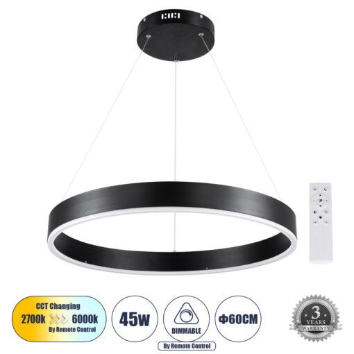 GloboStar® GLOBOSTAR® VENOM 61176 Μοντέρνο Κρεμαστό Φωτιστικό Οροφής LED 45W 5269lm 120° AC 220-240V IP20 Ρυθμιζόμενο Λευκό CCT με Χειριστήριο από 2700K έως 6000K Dimmable - Lumileds SMD Chip - Μαύρο - Μ60 x Π60 x Υ6.5cm - 3 Χρόνια Εγγύηση