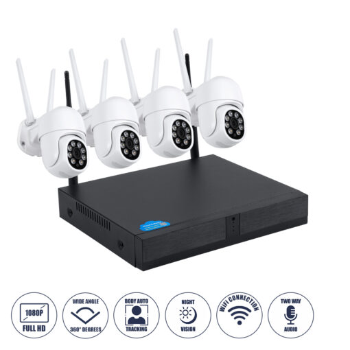 GloboStar® GloboStar® 86039 Ασύρματο Καταγραφικό με 4 x Camera 2MP 1080P WiFi  360° Μοιρών - Αδιάβροχο IP66 - Νυχτερινή Όραση με LED IR - Διπλή Κατέυθυνση Ομιλίας - Ανιχνευτή Κίνησης - Νυχτερινή Λήψη - Λευκό