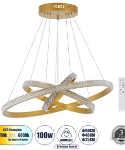GloboStar® GLOBOSTAR® DIAMOND TRIO 61137-DECO Μοντέρνο Κρεμαστό Φωτιστικό Οροφής LED 100W 12123lm 360° AC 220-240V IP20 Ρυθμιζόμενο Λευκό CCT με Χειριστήριο από 2700K έως 6000K Dimmable - Lumileds SMD Chip - Χρυσό Βούρτσας - Μ25 x Π40 x Υ60cm - 3 Χρόνια Εγγύηση