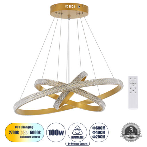 GloboStar® GLOBOSTAR® DIAMOND TRIO 61137-DECO Μοντέρνο Κρεμαστό Φωτιστικό Οροφής LED 100W 12123lm 360° AC 220-240V IP20 Ρυθμιζόμενο Λευκό CCT με Χειριστήριο από 2700K έως 6000K Dimmable - Lumileds SMD Chip - Χρυσό Βούρτσας - Μ25 x Π40 x Υ60cm - 3 Χρόνια Εγγύηση