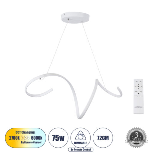 GloboStar® GLOBOSTAR® SPIRALE 61284 Μοντέρνο Κρεμαστό Φωτιστικό Οροφής LED 75W 8400lm 300° AC 220-240V IP20 Ρυθμιζόμενο Λευκό CCT με Χειριστήριο από 2700K έως 6000K Dimmable - Lumileds SMD Chip - Λευκό - Μ72 x Π25 x Υ30cm - 3 Χρόνια Εγγύηση