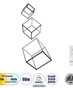 GloboStar® GLOBOSTAR® KIBOO-TRIO 60931 Μοντέρνο Κρεμαστό Φωτιστικό Οροφής LED 90W 10350lm 360° AC 220-240V IP20 Ρυθμιζόμενο Λευκό CCT με Χειριστήριο από 2700K έως 6000K Dimmable - Lumileds SMD Chip - Μαύρο - Μ60 x Π60 x Υ80cm - 3 Χρόνια Εγγύηση