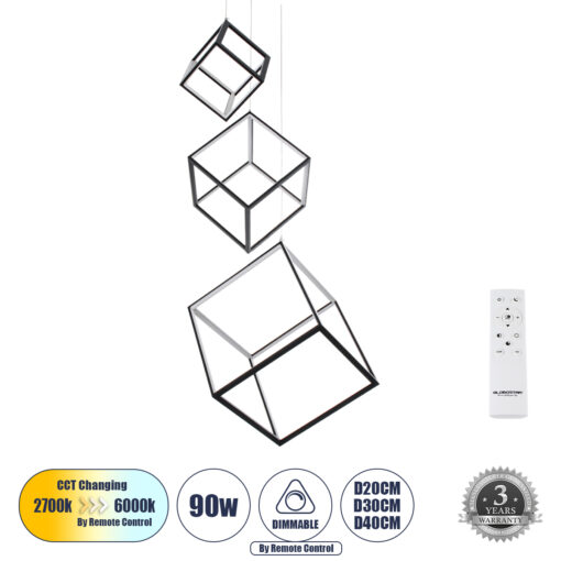 GloboStar® GLOBOSTAR® KIBOO-TRIO 60931 Μοντέρνο Κρεμαστό Φωτιστικό Οροφής LED 90W 10350lm 360° AC 220-240V IP20 Ρυθμιζόμενο Λευκό CCT με Χειριστήριο από 2700K έως 6000K Dimmable - Lumileds SMD Chip - Μαύρο - Μ60 x Π60 x Υ80cm - 3 Χρόνια Εγγύηση