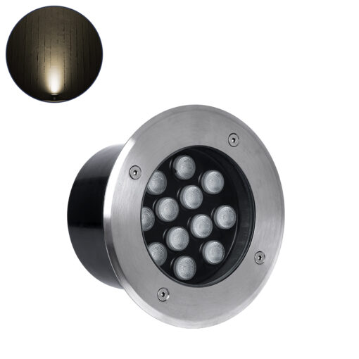 GloboStar® GLOBOSTAR® UNDERGROUND-TINA 90667 Χωνευτό Αρχιτεκτονικο Φωτιστικό Σποτ Δαπέδου LED 12W 1320lm 30° DC 24V Αδιάβροχο IP68 Θερμό Λευκό 2700K Dimmable - Ανοξείδωτο Ατσάλι 304 - Φ16 x Υ9cm / Q14cm - 3 Χρόνια Εγγύηση