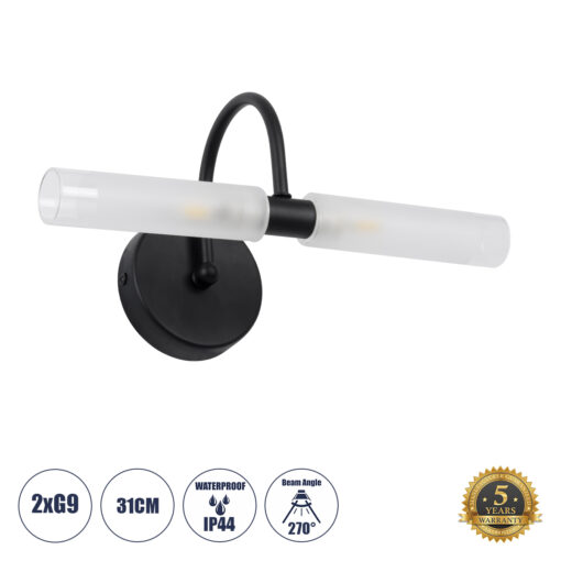 GloboStar® GloboStar® PAOLA 60416 Μοντέρνο Φωτιστικό Τοίχου - Απλίκα Καθρέπτη Μπάνιου - Πίνακα 2 x G9 270° AC 220-240V IP44 Μ31 x Π16 x Υ15cm - Μαύρο - 5 Χρόνια Εγγύηση