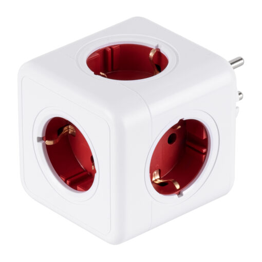 GloboStar® GLOBOSTAR® POWERCUBE 79628 Πολύπριζο 5 Θέσεων με 5 x EU Schuko Πρίζες Ασφαλείας Childproof AC 220-240V 3680W/16A Max Load IP20 - Λευκό & Κόκκινο - Μ7.5 x Π11.5 x Υ7.5cm