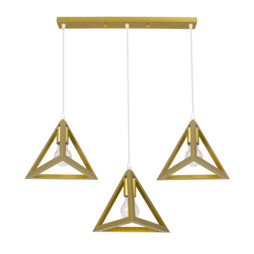 GloboStar® GLOBOSTAR® TRIANGLE 00625 Μοντέρνο Κρεμαστό Φωτιστικό Οροφής με Ντουί 3 x E27 AC 220-240V IP20 - Χρυσό - Μ70 x Π22 x Y130cm