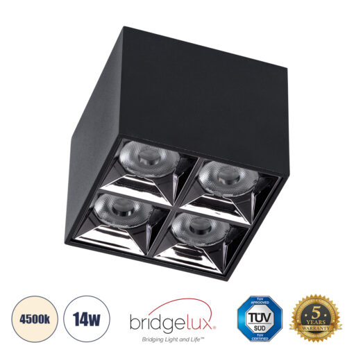 GloboStar® GloboStar® LUMINAR SUPERIOR 60332 Επιφανειακό LED Spot Downlight TrimLess 14W 1960lm 36° AC 220-240V IP20 Μ8.2 x Π8.2 x Υ6.6cm - Μαύρο με Κάτοπτρο Χρωμίου - Φυσικό Λευκό 4500K - Bridgelux High Lumen Chip Gen2 - TÜV Certified Driver - 5 Years Warranty