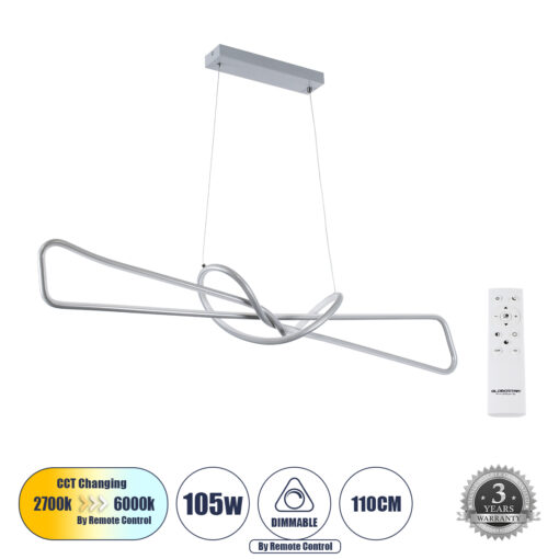 GloboStar® GLOBOSTAR® DOLORES 61281 Μοντέρνο Κρεμαστό Φωτιστικό Οροφής LED 105W 11760lm 300° AC 220-240V IP20 Ρυθμιζόμενο Λευκό CCT με Χειριστήριο από 2700K έως 6000K Dimmable - Lumileds SMD Chip - Νίκελ Βούρτσας - Μ110 x Π17 x Υ17.5cm - 3 Χρόνια Εγγύηση