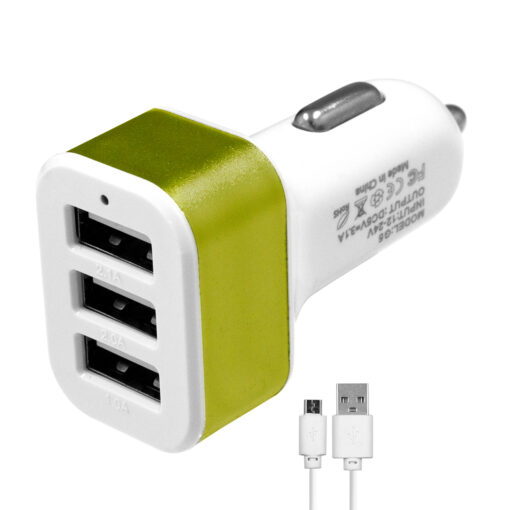 GloboStar® Globostar® 79502 Πράσινος Φορτιστής Αυτοκινήτου DC 12-24V με 3 Εξόδους USB DC 5V Max 3.1A 20W και Καλώδιο USB σε Type-C