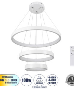 GloboStar® GLOBOSTAR® NEMESIS TRIO 61168 Μοντέρνο Κρεμαστό Φωτιστικό Οροφής LED 100W 12123lm 360° AC 220-240V IP20 Ρυθμιζόμενο Λευκό CCT με Χειριστήριο από 2700K έως 6000K Dimmable - Lumileds SMD Chip - Λευκό - Μ60 x Π60 x Υ90cm - 3 Χρόνια Εγγύηση