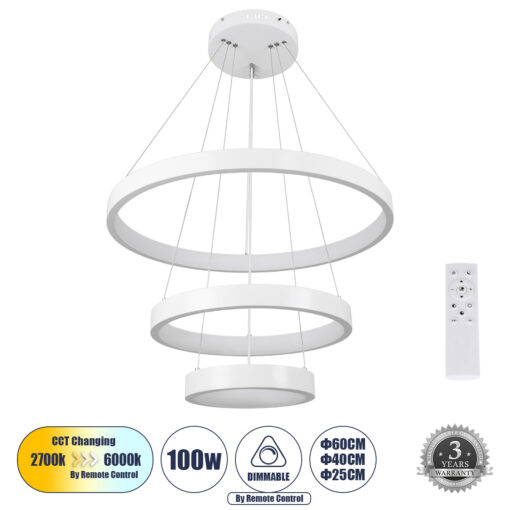 GloboStar® GLOBOSTAR® NEMESIS TRIO 61168 Μοντέρνο Κρεμαστό Φωτιστικό Οροφής LED 100W 12123lm 360° AC 220-240V IP20 Ρυθμιζόμενο Λευκό CCT με Χειριστήριο από 2700K έως 6000K Dimmable - Lumileds SMD Chip - Λευκό - Μ60 x Π60 x Υ90cm - 3 Χρόνια Εγγύηση