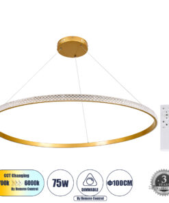 GloboStar® GLOBOSTAR® DIAMOND 61135 Μοντέρνο Κρεμαστό Φωτιστικό Οροφής LED 75W 8743lm 360° AC 220-240V IP20 Ρυθμιζόμενο Λευκό CCT με Χειριστήριο από 2700K έως 6000K Dimmable - Lumileds SMD Chip - Χρυσό Βούρτσας - Μ100 x Π100 x Υ3cm - 3 Χρόνια Εγγύηση