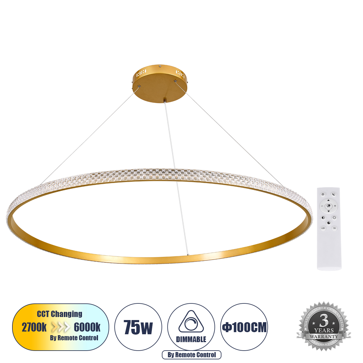 GLOBOSTAR® DIAMOND 61135 Μοντέρνο Κρεμαστό Φωτιστικό Οροφής LED 75W 8743lm 360° AC 220-240V IP20 Ρυθμιζόμενο Λευκό CCT με Χειριστήριο από 2700K έως 6000K Dimmable - Lumileds SMD Chip - Χρυσό Βούρτσας - Μ100 x Π100 x Υ3cm - 3 Χρόνια Εγγύηση 3 GloboStar® GLOBOSTAR® DIAMOND 61135 Μοντέρνο Κρεμαστό Φωτιστικό Οροφής LED 75W 8743lm 360° AC 220-240V IP20 Ρυθμιζόμενο Λευκό CCT με Χειριστήριο από 2700K έως 6000K Dimmable - Lumileds SMD Chip - Χρυσό Βούρτσας - Μ100 x Π100 x Υ3cm - 3 Χρόνια Εγγύηση