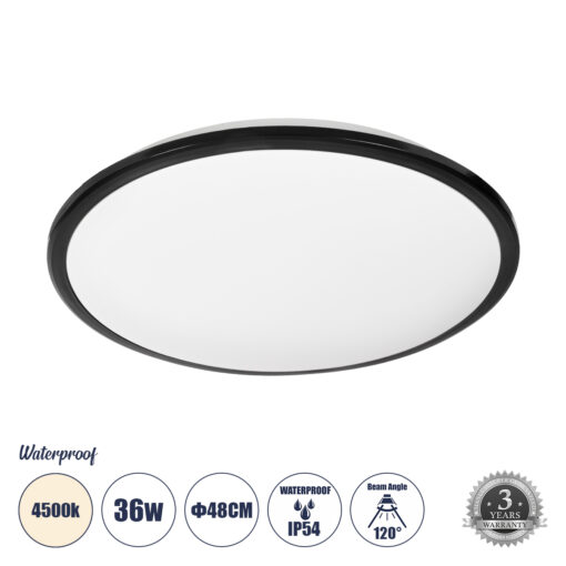 GloboStar® GloboStar® TUFFIN 60999 Πλαφονιέρα Οροφής LED 36W 3960lm 120° AC 220-240V Αδιάβροχη IP54 Φ48 x Υ6.5cm Φυσικό Λευκό 4500K - Μαύρο - Bridgelux Chips - 3 Years Warranty