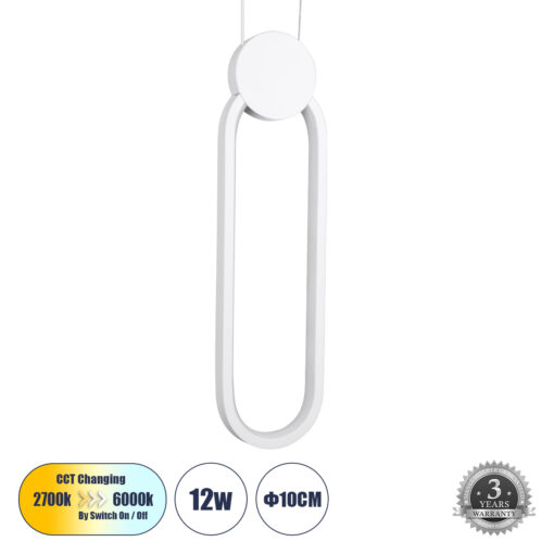 GloboStar® GLOBOSTAR® ILDI 61089 Μοντέρνο Κρεμαστό Φωτιστικό Οροφής LED 12W 1440lm 300° AC 220-240V IP20 Ρυθμιζόμενο Λευκό CCT με On/Off 2700K/4500K/6000K - Lumileds SMD Chip - Λευκό - Μ10 x Π2.3 x Υ38cm - 3 Χρόνια Εγγύηση