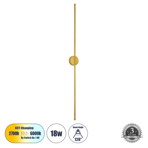 GloboStar® GLOBOSTAR® DIADEM 61334 Μοντέρνο Φωτιστικό Τοίχου - Απλίκα LED 18W 2160lm 120° AC 220-240V IP20 Ρυθμιζόμενο Λευκό CCT με On/Off 2700K/4500K/6000K - Lumileds SMD Chip - Χρυσό Βούρτσας - Μ10 x Π4 x Υ120cm - 3 Χρόνια Εγγύηση