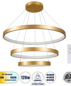 GloboStar® GLOBOSTAR® NEMESIS TRIO 61172 Μοντέρνο Κρεμαστό Φωτιστικό Οροφής LED 120W 14723lm 360° AC 220-240V IP20 Ρυθμιζόμενο Λευκό CCT με Χειριστήριο από 2700K έως 6000K Dimmable - Lumileds SMD Chip - Χρυσό Βούρτσας - Μ80 x Π80 x Υ60cm - 3 Χρόνια Εγγύηση