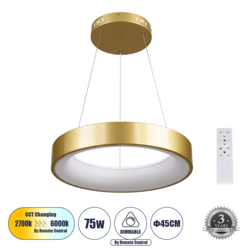 GloboStar® GLOBOSTAR® SALEM 61243 Μοντέρνο Κρεμαστό Φωτιστικό Οροφής LED 75W 8625lm 120° AC 220-240V IP20 Ρυθμιζόμενο Λευκό CCT με Χειριστήριο από 2700K έως 6000K Dimmable - Lumileds SMD Chip - Χρυσό - Μ45 x Π45 x Υ7cm - 3 Χρόνια Εγγύηση