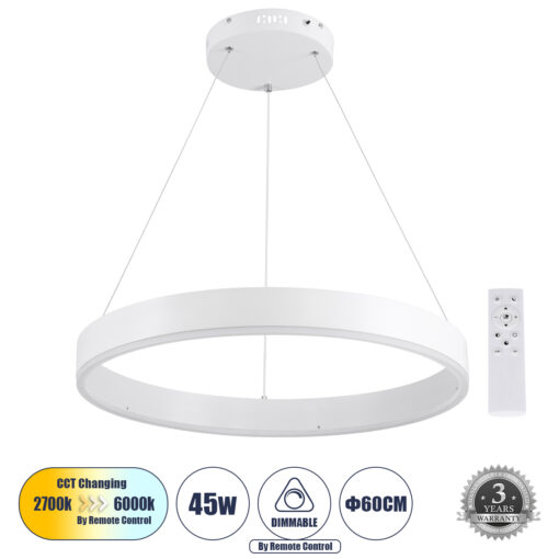 GloboStar® GLOBOSTAR® VENOM 61177 Μοντέρνο Κρεμαστό Φωτιστικό Οροφής LED 45W 5269lm 120° AC 220-240V IP20 Ρυθμιζόμενο Λευκό CCT με Χειριστήριο από 2700K έως 6000K Dimmable - Lumileds SMD Chip - Λευκό Ματ - Μ60 x Π60 x Υ6.5cm - 3 Χρόνια Εγγύηση