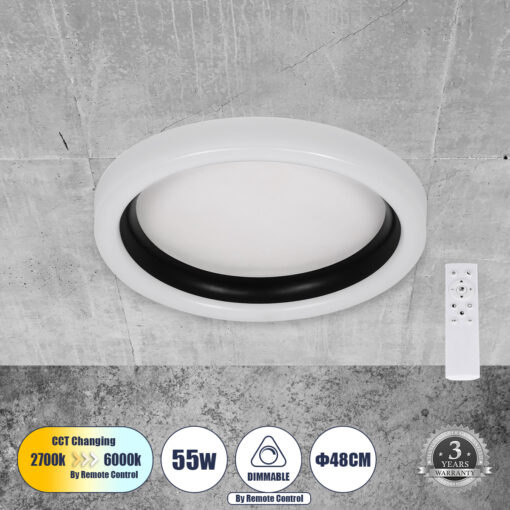 GloboStar® GloboStar® ARIANA 61034 Πλαφονιέρα Οροφής Κύκλος LED CCT 55W 6376lm 120° AC 220-240V - Εναλλαγή Φωτισμού μέσω Τηλεχειριστηρίου All In One Ψυχρό Λευκό 6000k+Φυσικό Λευκό 4500k+Θερμό Λευκό 2700k Dimmable Φ48cm - Μαύρο - 3 Years Warranty