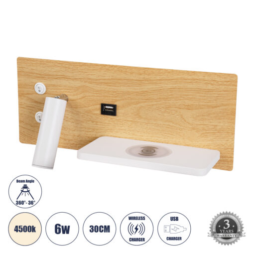 GloboStar® GloboStar® PALADIN 61360 Μοντέρνο Φωτιστικό Τοίχου - Απλίκα Ξενοδοχείου Bed Side LED 6W 720lm 36° AC 220-240V - Reading Light & Κρυφός Φωτισμός - Φορτιστές USB 3A & Wireless 20W - Μ30 x Π11 x Υ12cm - Φυσικό Λευκό 4500K - Ξύλο & Λευκό - Δεξί