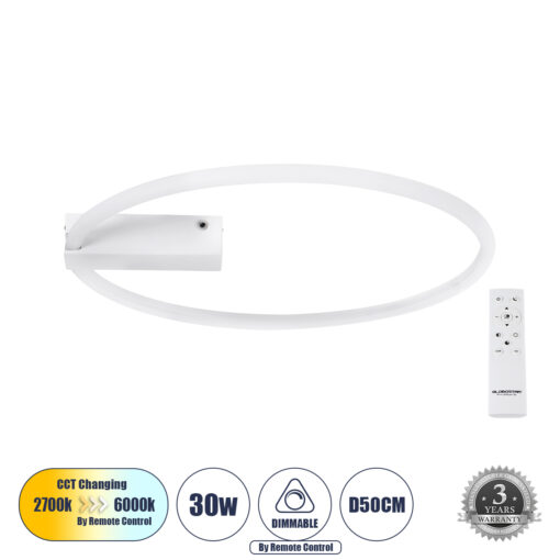 GloboStar® GloboStar® CINDERELLA 60981 Φωτιστικό Οροφής Δαχτυλίδι-Κύκλος LED CCT 30W 3360lm 360° AC 220-240V - Εναλλαγή Φωτισμού μέσω Τηλεχειριστηρίου All In One Ψυχρό 6000k+Φυσικό 4500k+Θερμό 2700k Dimmable Φ50cm - Λευκό - 3 Years Warranty