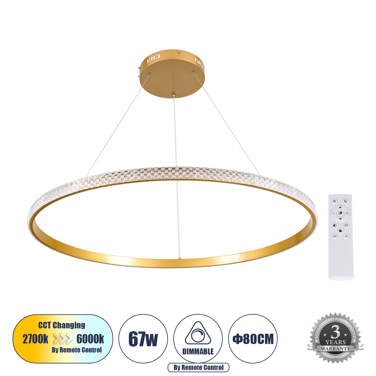 GLOBOSTAR® DIAMOND 61133 Μοντέρνο Κρεμαστό Φωτιστικό Οροφής LED 67W 7689lm 360° AC 220-240V IP20 Ρυθμιζόμενο Λευκό CCT με Χειριστήριο από 2700K έως 6000K Dimmable - Lumileds SMD Chip - Χρυσό Βούρτσας - Μ80 x Π80 x Υ3cm - 3 Χρόνια Εγγύηση 3 GloboStar® GLOBOSTAR® DIAMOND 61133 Μοντέρνο Κρεμαστό Φωτιστικό Οροφής LED 67W 7689lm 360° AC 220-240V IP20 Ρυθμιζόμενο Λευκό CCT με Χειριστήριο από 2700K έως 6000K Dimmable - Lumileds SMD Chip - Χρυσό Βούρτσας - Μ80 x Π80 x Υ3cm - 3 Χρόνια Εγγύηση