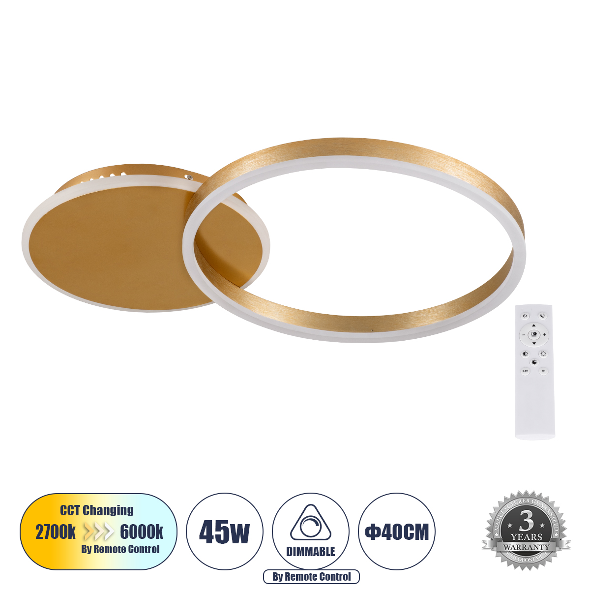 GloboStar® VENOM 61119 Φωτιστικό Οροφής Δαχτυλίδι-Κύκλος LED CCT 45W 5445lm 360° AC 220-240V - Εναλλαγή Φωτισμού μέσω Τηλεχειριστηρίου All In One Ψυχρό 6000k+Φυσικό 4500k+Θερμό 2700k Dimmable Φ40cm+BackLight - Χρυσό Βούρτσας - 3 Years Warranty 3 GloboStar® GloboStar® VENOM 61119 Φωτιστικό Οροφής Δαχτυλίδι-Κύκλος LED CCT 45W 5445lm 360° AC 220-240V - Εναλλαγή Φωτισμού μέσω Τηλεχειριστηρίου All In One Ψυχρό 6000k+Φυσικό 4500k+Θερμό 2700k Dimmable Φ40cm+BackLight - Χρυσό Βούρτσας - 3 Years Warranty