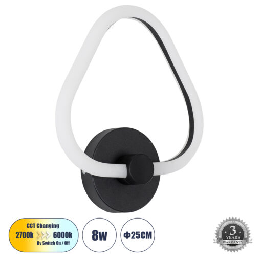 GloboStar® GloboStar® REGINA 61341 Φωτιστικό Τοίχου - Απλίκα Design LED CCT 8W 960lm 360° AC 220-240V - Εναλλαγή Φωτισμού μέσω Διακόπτη On/Off All In One Ψυχρό 6000k+Φυσικό 4500k+Θερμό 2700k Μ25 x Π7 x Υ28.5cm - Μαύρο - 3 Years Warranty