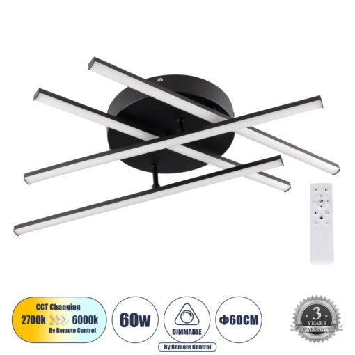 GloboStar® GLOBOSTAR® DRACO 61095 Μοντέρνο Φωτιστικό Οροφής LED 60W 7380lm 120° AC 220-240V IP20 Ρυθμιζόμενο Λευκό CCT με Χειριστήριο από 2700K έως 6000K Dimmable - Lumileds SMD Chip - Μαύρο Ματ - Μ60 x Π60 x Υ11cm - 3 Χρόνια Εγγύηση