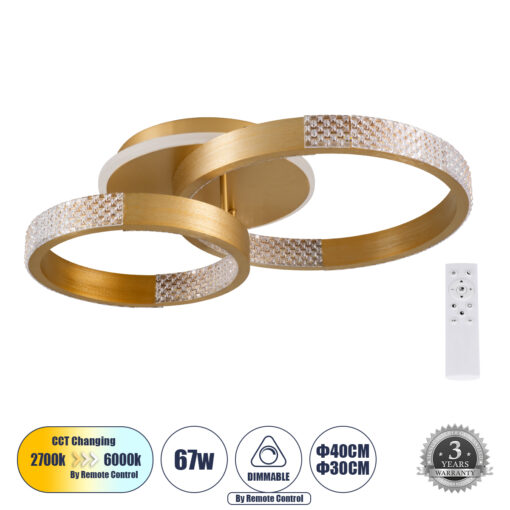GloboStar® GloboStar® DIAMOND 61113 Φωτιστικό Οροφής Δαχτυλίδι-Κύκλος LED CCT 67W 8078lm 360° AC 220-240V - Εναλλαγή Φωτισμού μέσω Τηλεχειριστηρίου All In One Ψυχρό 6000k+Φυσικό 4500k+Θερμό 2700k Dimmable Φ30+40cm+BackLight - Χρυσό Βούρτσας - 3 Years Warranty