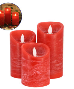 GloboStar® GloboStar® 79558 ΣΕΤ 3 Διακοσμητικών Realistic Κεριών Παραφίνης με LED Εφέ Κινούμενης Φλόγας - Μπαταρίας & Ασύρματο Χειριστήριο IR Κόκκινα με Ασημένιες Ρίγες Θερμό Λευκό 3000K Dimmable