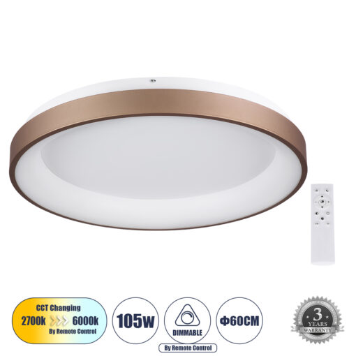 GloboStar® GloboStar® SALEM 61240 Πλαφονιέρα Οροφής Δαχτυλίδι-Κύκλος LED CCT 105W 12075lm 120° AC 220-240V - Εναλλαγή Φωτισμού μέσω Τηλεχειριστηρίου All In One Ψυχρό 6000k+Φυσικό 4500k+Θερμό 2700k Dimmable Φ60cm - Καφέ & Χάλκινο - 3 Years Warranty