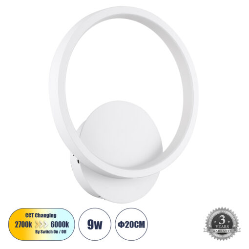 GloboStar® GloboStar® TED 61071 Φωτιστικό Τοίχου - Απλίκα Design LED CCT 9W 1080lm 300° AC 220-240V - Εναλλαγή Φωτισμού μέσω Διακόπτη On/Off All In One Ψυχρό 6000k+Φυσικό 4500k+Θερμό 2700k Μ20 x Π5.5 x Υ23cm - Λευκό