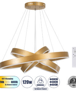 GloboStar® GLOBOSTAR® VENOM TRIO 61190-DECO Μοντέρνο Κρεμαστό Φωτιστικό Οροφής LED 120W 14158lm 120° AC 220-240V IP20 Ρυθμιζόμενο Λευκό CCT με Χειριστήριο από 2700K έως 6000K Dimmable - Lumileds SMD Chip - Χρυσό Βούρτσας - Μ80 x Π80 x Υ60cm - 3 Χρόνια Εγγύηση