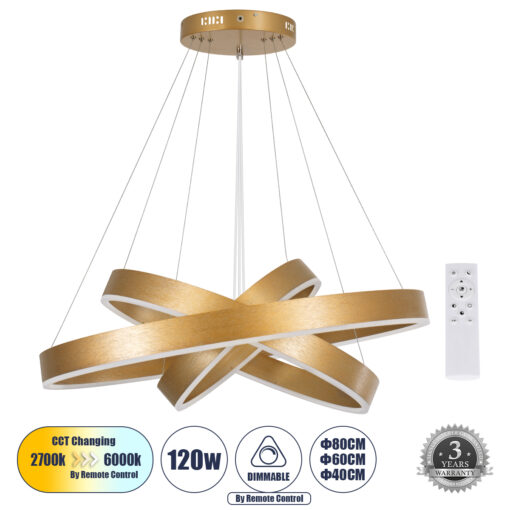 GloboStar® GLOBOSTAR® VENOM TRIO 61190-DECO Μοντέρνο Κρεμαστό Φωτιστικό Οροφής LED 120W 14158lm 120° AC 220-240V IP20 Ρυθμιζόμενο Λευκό CCT με Χειριστήριο από 2700K έως 6000K Dimmable - Lumileds SMD Chip - Χρυσό Βούρτσας - Μ80 x Π80 x Υ60cm - 3 Χρόνια Εγγύηση