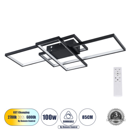 GloboStar® GLOBOSTAR® QUADRA 61385 Μοντέρνο Φωτιστικό Οροφής LED 100W 12000lm 120° AC 220-240V IP20 Ρυθμιζόμενο Λευκό CCT με Χειριστήριο από 2700K έως 6000K Dimmable - Lumileds SMD Chip - Μαύρο Ματ - Μ85 x Π45 x Υ9cm - 3 Χρόνια Εγγύηση