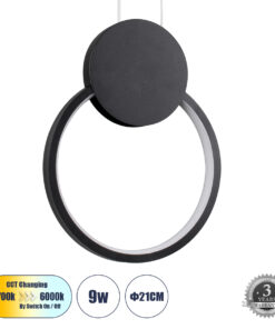 GloboStar® GLOBOSTAR® CYCLOS 61073 Μοντέρνο Κρεμαστό Φωτιστικό Οροφής LED 9W 1080lm 300° AC 220-240V IP20 Ρυθμιζόμενο Λευκό CCT με On/Off 2700K/4500K/6000K - Lumileds SMD Chip - Μαύρο Ματ - Μ21 x Π2.3 x Υ26.5cm - 3 Χρόνια Εγγύηση