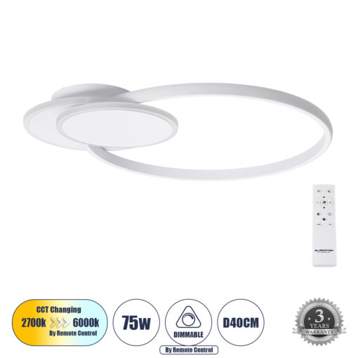 GloboStar® GloboStar® CIRCUO 61230 Φωτιστικό Οροφής Δαχτυλίδι-Κύκλος LED CCT 75W 8400lm 360° AC 220-240V - Εναλλαγή Φωτισμού μέσω Τηλεχειριστηρίου All In One Ψυχρό 6000k+Φυσικό 4500k+Θερμό 2700k Dimmable Μ53 x Π42.5 x Υ9cm - Λευκό - 3 Years Warranty