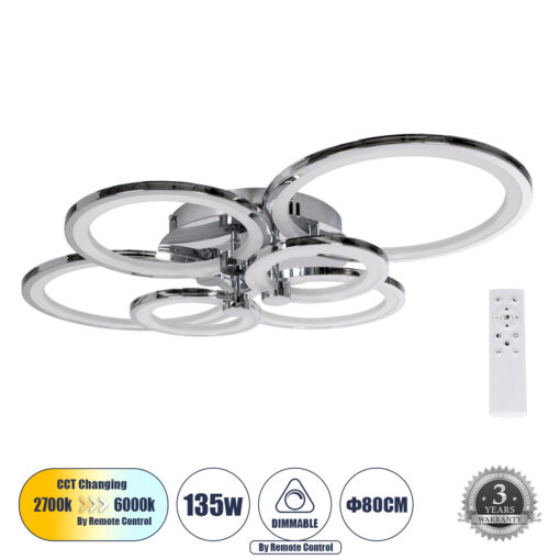 GloboStar® GloboStar® ROYAL-R 61324 Φωτιστικό Οροφής Design LED CCT 135W 16200lm 360° AC 220-240V - Εναλλαγή Φωτισμού μέσω Τηλεχειριστηρίου All In One Ψυχρό 6000k+Φυσικό 4500k+Θερμό 2700k Dimmable - Μ80.5 x Π59 x Υ12cm - Ασημί Νίκελ - 3 Years Warranty