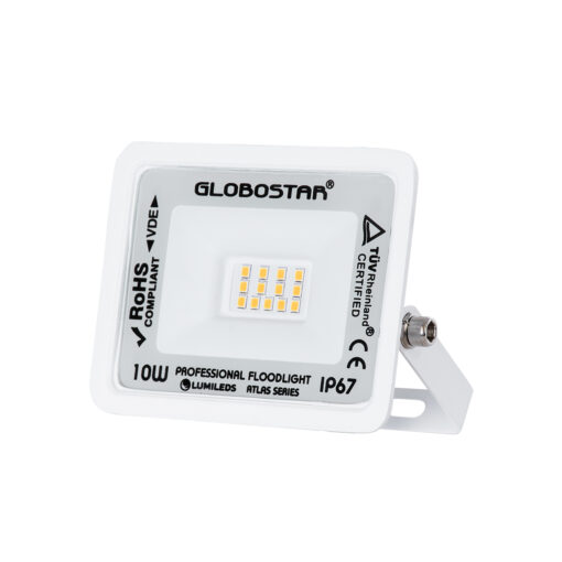 GloboStar® GloboStar® ATLAS 61406 Επαγγελματικός Προβολέας LED 10W 1150lm 120° AC 220-240V - Αδιάβροχος IP67 - Μ10 x Π2 x Υ8cm - Λευκό - Θερμό Λευκό 2700K - LUMILEDS Chips - TÜV Rheinland Certified - 5 Years Warranty